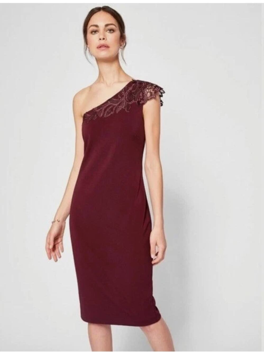 TED BAKER Jalis Lace One Shoulder Dress in Maroon // 4